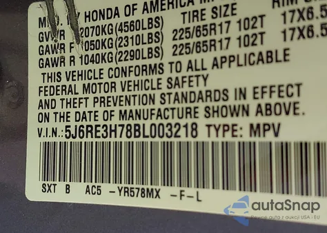 2011 Honda Cr-V Ex-L from USA, damaged, VIN 5J6RE3H78BL003218